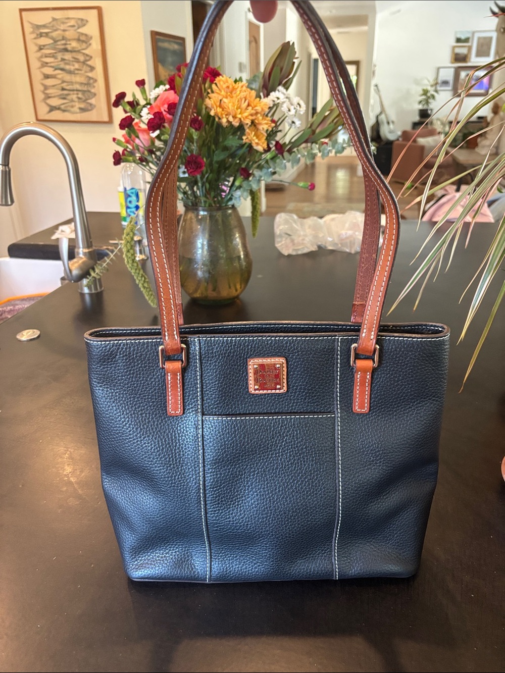 Dooney & Bourke Black Pebbled Leather Shoulder Bag with Brown Straps